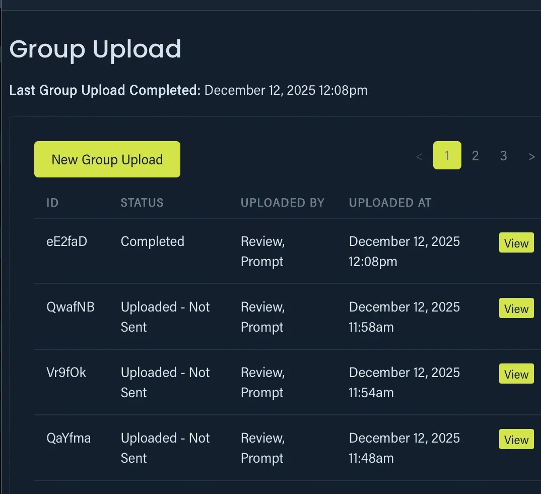 Prompt Review group upload dashboard showing contact list upload history